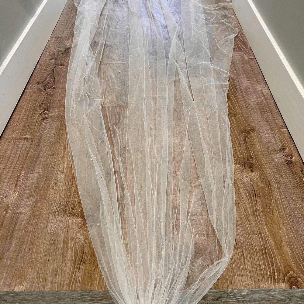 99” cathedral length ivory colored veil with pearls